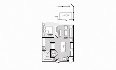 Floor plan for 1 bed, 1 bath, 731 sqft